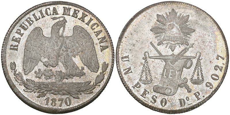 Decimal Coinage, peso, Durango mint, 1870 P, choice mint state. Offered in a NGC...