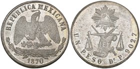 Decimal Coinage, peso, Durango mint, 1870 P, choice mint state. Offered in a NGC holder graded MS 64

Estimate: GBP 500 - 700