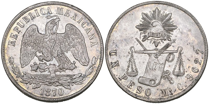Decimal Coinage, pesos (2), Mexico City mint, 1869 C, 1870 C, both extremely fin...