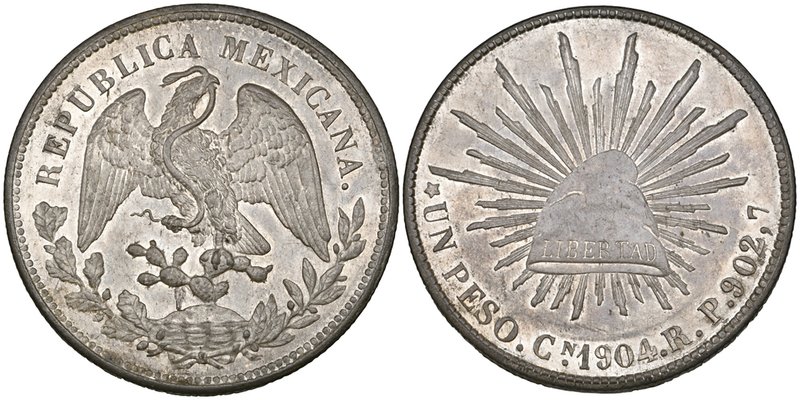Decimal Coinage, 1 peso, Culiacán mint, 1904 RP, cap and rays type, extremely fi...