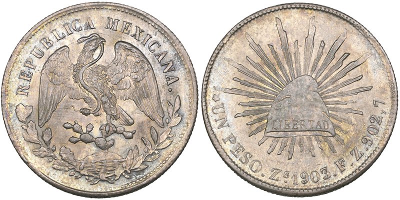 Decimal Coinage, 1 peso (2), cap and rays type, Zacatecas mint, 1903 FZ, die fla...