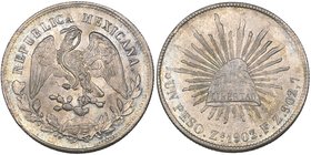 Decimal Coinage, 1 peso (2), cap and rays type, Zacatecas mint, 1903 FZ, die flaws, mint state and toned and 1903/2 FZ, good very fine to extremely fi...