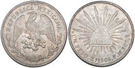 Decimal Coinage, 1 peso, Zacatecas mint, 1905 FM, cap and rays type, part of rim imperfect due to a metal fault, mint state, scarce

Estimate: GBP 1...