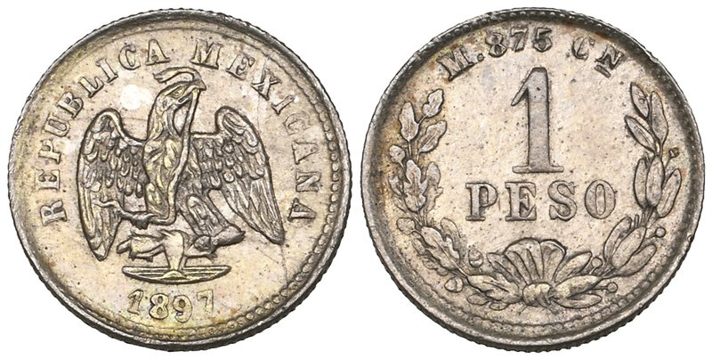 Decimal Coinage, a trial, essay or error 1 peso, Culiacán mint, 1897 M, type as ...