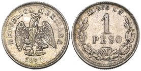 Decimal Coinage, a trial, essay or error 1 peso, Culiacán mint, 1897 M, type as the gold peso but struck in silver, 1.29g, extremely fine and toned, i...