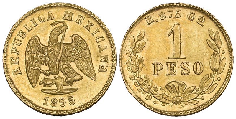 Decimal Coinage, gold peso, Guanajuato mint, 1895/3 R, struck from clashed dies,...