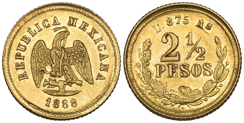 Decimal Coinage, 2½ pesos, Alamos mint, 1888 L, mintmark As over Mo, virtually m...