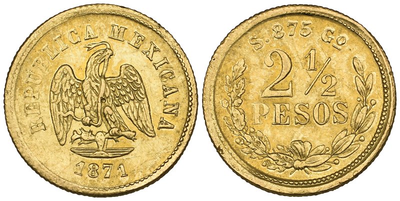 Decimal Coinage, 2½ pesos, Guanajuato mint, 1871 S, a few surface marks, very fi...