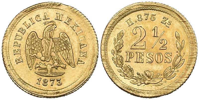 Decimal Coinage, 2½ pesos, Zacatecas mint, 1873 H, on a broad flan, extremely fi...