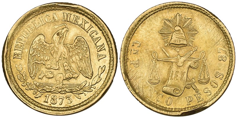Decimal Coinage, 5 pesos, Culiacán mint, 1873 P, 8.45g, apparently struck on a d...