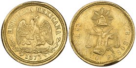 Decimal Coinage, 5 pesos, Culiacán mint, 1873 P, 8.45g, apparently struck on a damaged flan (rather than being damaged after striking), also with adju...