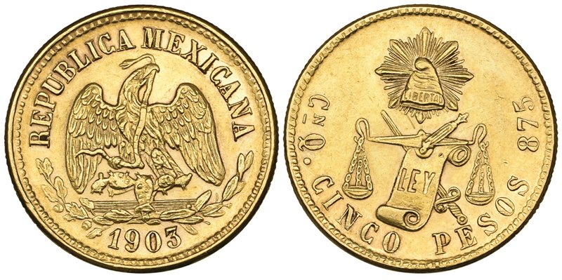 Decimal Coinage, 5 pesos, Culiacán mint, 1903 Q, extremely fine [1,000 pieces st...