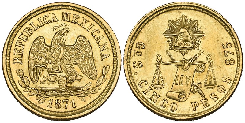 Decimal Coinage, 5 pesos, Guanajuato mint, 1871 S, extremely fine, scarce

Est...