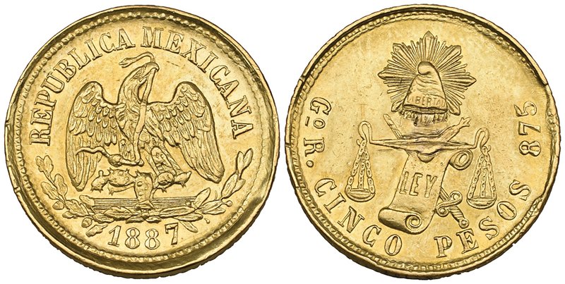 Decimal Coinage, 5 pesos, Guanajuato mint, 1887 R, trace of mounting and has bee...
