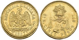 Decimal Coinage, 5 pesos, Guanajuato mint, 1887 R, trace of mounting and has been tooled beneath cap, otherwise very fine and very rare [140 pieces st...