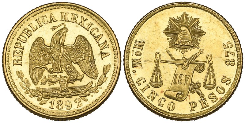 Decimal Coinage, 5 pesos, Mexico City mint, 1892 M, mint state, with much origin...
