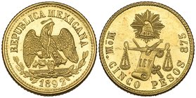 Decimal Coinage, 5 pesos, Mexico City mint, 1892 M, mint state, with much original brilliance, very rare [214 pieces struck]. Purchased March 1975. Of...
