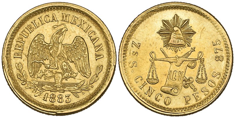 Decimal Coinage, 5 pesos, Zacatecas mint, 1883 S, extremely fine

Estimate: GB...