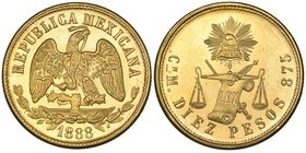Decimal Coinage, 10 pesos, Culiacán mint, 1888 M, brilliant mint state and strongly prooflike, extremely rare thus [767 pieces struck]. Ex Jess Peters...
