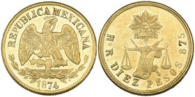 Decimal Coinage, 10 pesos, Hermosillo mint, 1874 R, 4 of date formed from a combination of punches, choice mint state, with much original brilliance, ...
