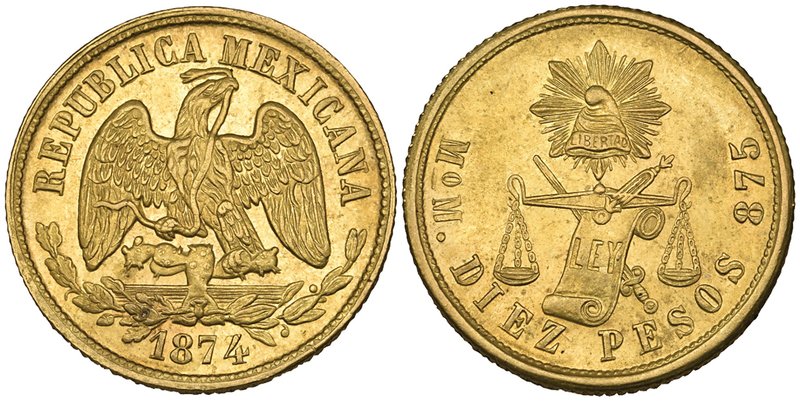Decimal Coinage, 10 pesos, Mexico City mint, 1874/3 M, about uncirculated

Est...