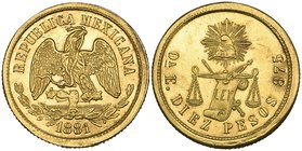 Decimal Coinage, 10 pesos, Oaxaca mint, 1881 E, choice mint state, with original mint lustre and light toning, very rare thus [961 pieces struck]. Ex ...