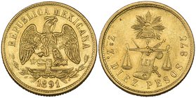 Decimal Coinage, 10 pesos, Zacatecas mint, 1891 Z, uncirculated [1,930 pieces struck]

Estimate: GBP 700 - 900