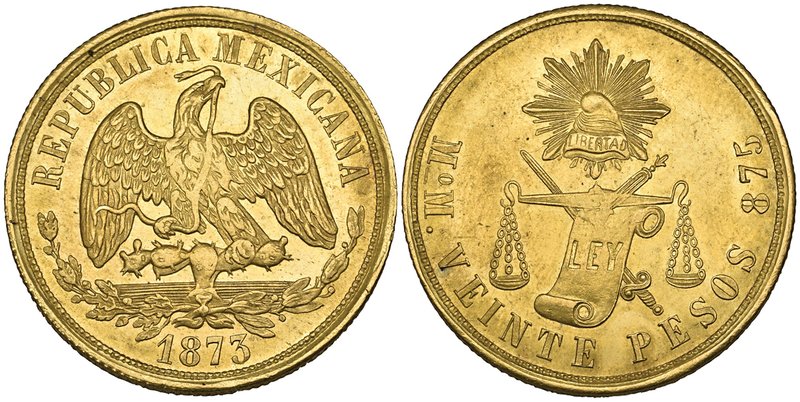 Decimal Coinage, 20 pesos, Mexico City mint, 1873 M, good extremely fine, with s...