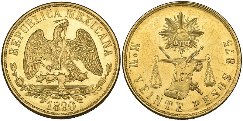 Decimal Coinage, 20 pesos, Mexico City mint, 1890 M, about uncirculated

Estim...