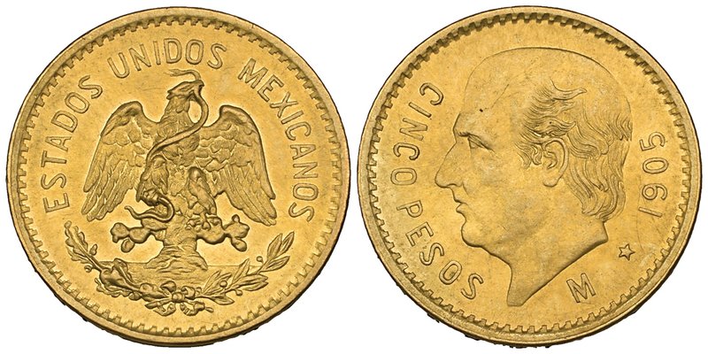Estados Unidos Mexicanos, 5 pesos, Mexico City mint, 1905 M, rev., bust of Hidal...