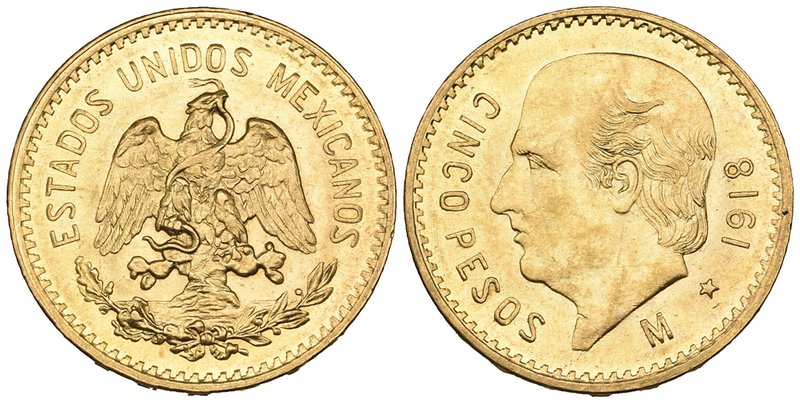Estados Unidos Mexicanos, 5 pesos, Mexico City mint, 1918/7 M, mint state

Est...