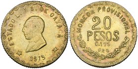 Revolutionary Coinage, Oaxaca Provisional Government, 20 pesos, 1915, struck in .175 gold, bust of Juarez left, rev., value above laurel sprays, 27.5m...