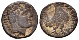 Arekoratas. Semis. 150-20 a.C. Ágreda (Soria). (Abh-91). (Acip-1745). Anv.: Cabeza masculina a derecha, detrás SOS. Rev.: Gallo a derecha, encima (dos...