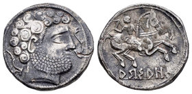 Arsaos. Denario. 120-80 a.C. Zona de Navarra. (Abh-139). (Acip-1662). Anv.: Cabeza masculina barbada a derecha, delante delfín, detrás arado. Rev.: Ji...