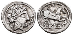 Arsaos. Denario. 120-80 a.C. Zona de Navarra. (Abh-139). (Acip-1663). Anv.: Cabeza masculina barbada a derecha, delante delfín, detrás arado. Rev.: Ji...