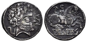 Arsaos. Denario. 120-80 a.C. Zona de Navarra. (Abh-139). (Acip-1655). Anv.: Cabeza masculina barbada a derecha, delante delfín, detrás arado. Rev.: Ji...