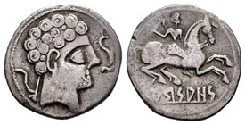 Arsaos. Denario. 120-80 a.C. Zona de Navarra. (Abh-139). (Acip-1655). Anv.: Cabeza masculina barbada a derecha con peinado de tres niveles, delante de...