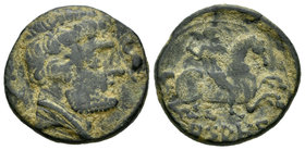 Arsaos. As. 120-80 a.C. Zona de Navarra. (Abh-144). (Acip-1654). Anv.: Cabeza masculina barbada a derecha, delante delfín, detrás arado. Rev.: Jinete ...