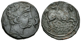 Arsaos. As. 120-80 a.C. Zona de Navarra. (Abh-144). (Acip-1654). Anv.: Cabeza barbada a derecha, detrás arado, delante delfín. Rev.: Jinete con dardo ...