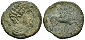 Baitolo. As. 50 a.C. Badalona (Barcelona). (Abh-190). (Acip-1380). Anv.: Cabeza masculina a derecha, detrás timón. Rev.: Jinete con palma a derecha, d...