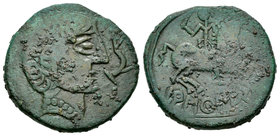 Baskunes. As. 120-20 a.C. Pamplona. (Abh-227). (Acip-1627). Anv.: Cabeza barbada a derecha, delante delfín. Rev.: Jinete con espada a derecha, debajo ...