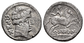 Bentian. Denario. 120-80 a.C. Zona de Navarra. (Abh-249). (Acip-1675). Anv.: Cabeza masculina a derecha, delante delfín, detrás BENKOTA. Rev.: Jinete ...