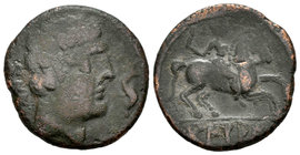 Bentian. As. 120-80 a.C. Zona de Navarra. (Abh-250). (Acip-1678). Anv.: Cabeza masculina a derecha, delante delfín, detrás BANKOTA. Rev.: Jinete con e...