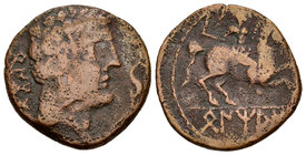 Bentian. As. 120-80 a.C. Zona de Navarra. (Abh-250). (Acip-1678). Anv.: Cabeza masculina a derecha, delante delfín, detrás BENKOTA. Rev.: Jinete con e...