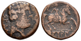 Bentian. As. 120-80 a.C. Zona de Navarra. (Abh-250). (Acip-1678). Anv.: Cabeza masculina a derecha, delante delfín, detrás BENKOTA. Rev.: Jinete con e...