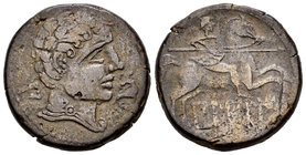 Bilbilis. As. 120-30 a.C. Calatayud (Zaragoza). (Abh-258). (Acip-1575). Anv.: Cabeza masculina a derecha, delante delfín, detrás BI. Rev.: Jinete con ...