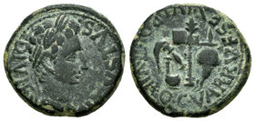 Cartagonova. Semis. 27 a.C.-14 d.C. Cartagena (Murcia). (Abh-594). (Acip-3138). Anv.: Cabeza laureada de Augusto a derecha, alrededor AVGVSTVS DIVI. R...