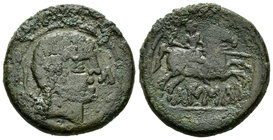 Kaiskata. As. 120-20 a.C. Cascante (Navarra). (Abh-687). (Acip-1682). Anv.: Cabeza barbada a derecha, delante KA, detrás arado. Rev.: Jinete con lanza...