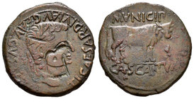 Cascantum. As. 14-36 d.C. Cascante (Navarra). (Abh-690). (Acip-3159). Anv.: Cabeza laureada de Tiberio a derecha, alrededor TI CAESAR DIVI AVG F AVGVS...