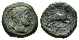 Kese. Cuadrante. 120-50 a.C. Velilla del Ebro (Zaragoza). (Abh-no cita). (Acip-1192 variante). (C-80). Anv.: Letra ibérica TA detrás de la cabeza. Rev...